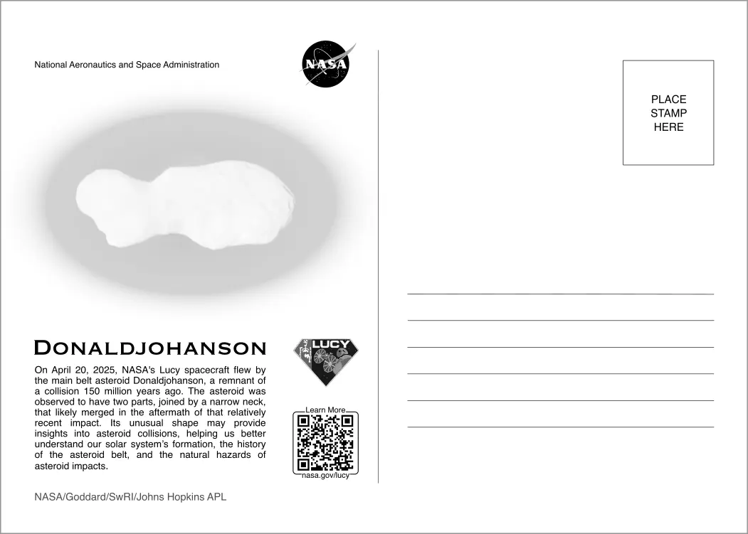 The back of the postcard with an watermark-style image of the asteroid Donaldjohanson.