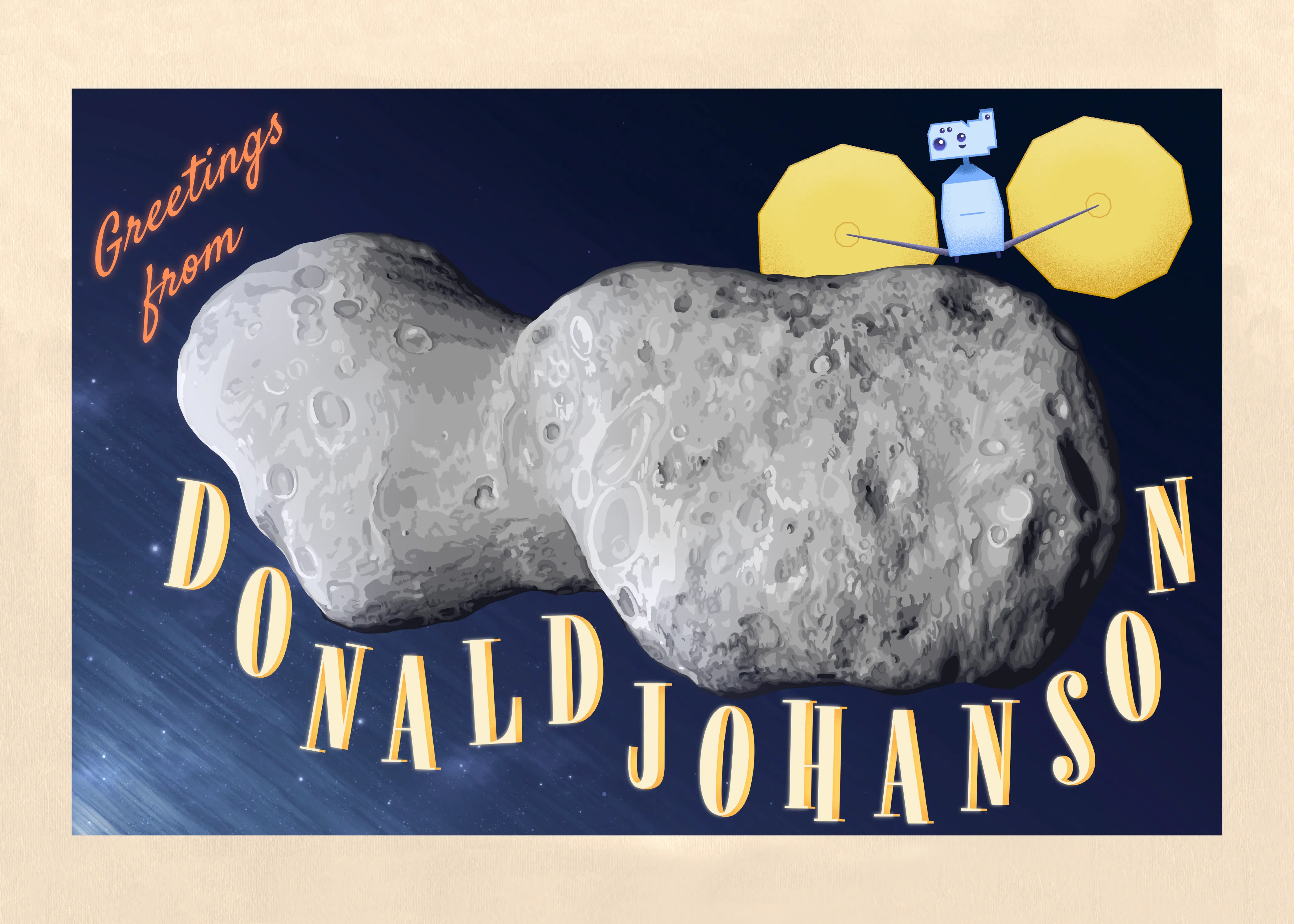 A vintage style postcard of the cartoon Lucy spacecraft flying by the asteroid Donaldjohanson.